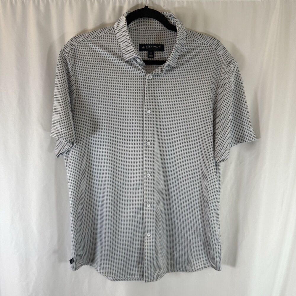Mizzen Main Performance Shirt Mens Medium White Geometric Button Up Short Sleeve